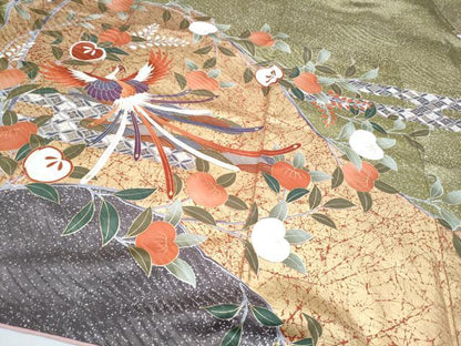 平和屋着物●豪華振袖　駒刺繍　鳳凰橘文　金彩　正絹　逸品　CAAJ7217hy