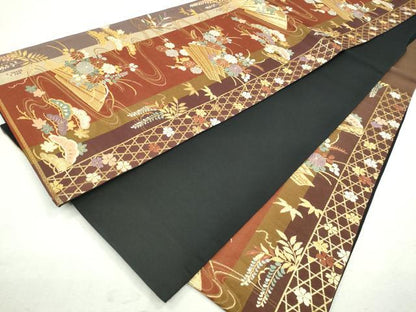 平和屋着物◎六通柄袋帯 流水草花文 金糸 正絹 逸品 CAAJ8117ku