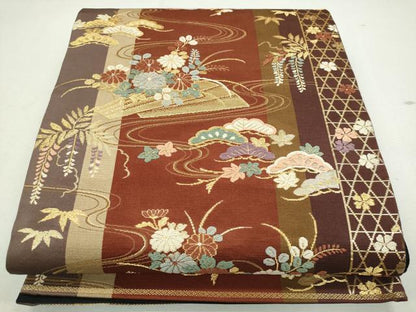平和屋着物◎六通柄袋帯 流水草花文 金糸 正絹 逸品 CAAJ8117ku