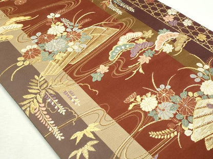 平和屋着物◎六通柄袋帯 流水草花文 金糸 正絹 逸品 CAAJ8117ku
