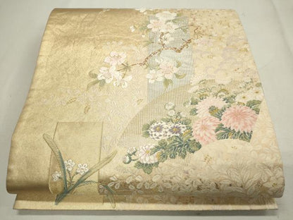 平和屋着物●六通柄袋帯　唐織　地紙短冊草花文　金銀糸　正絹　逸品　CAAJ9462th