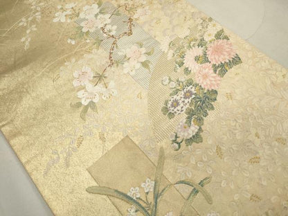 平和屋着物●六通柄袋帯　唐織　地紙短冊草花文　金銀糸　正絹　逸品　CAAJ9462th