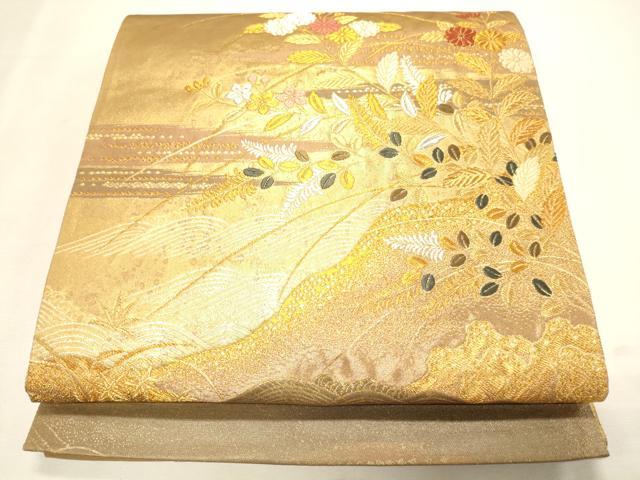 平和屋着物◎六通太鼓柄袋帯　流水草花文　金銀糸　正絹　逸品　CAAJ9870oy