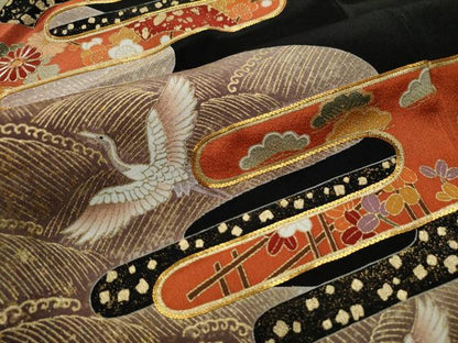 平和屋着物■豪華黒留袖　駒刺繍　エ霞立波飛鶴花文　金彩　正絹　逸品　CAAK6030yc