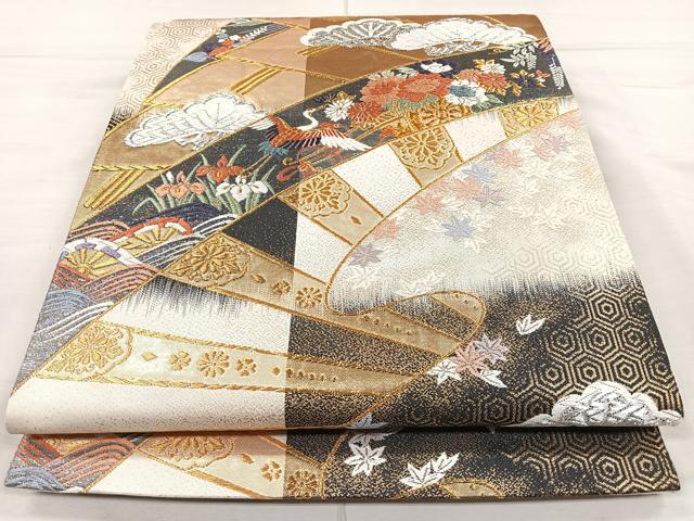 平和屋着物◎六通柄袋帯 唐織 檜扇飛鶴草花文 金銀糸 正絹 逸品 CAAL2418ua