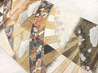 平和屋着物◎六通柄袋帯 唐織 檜扇飛鶴草花文 金銀糸 正絹 逸品 CAAL2418ua