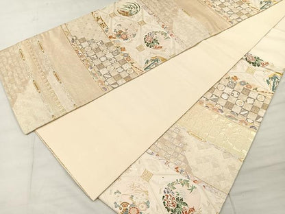 平和屋着物◎六通柄袋帯 唐織 菱天井草花文 金糸 正絹 逸品 CAAL2420ua