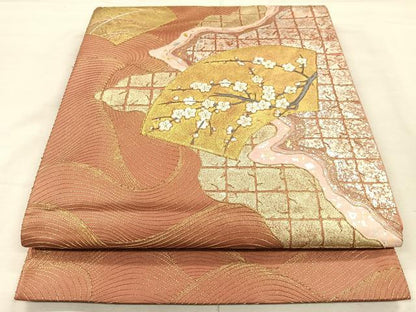 平和屋着物◎六通太鼓柄袋帯 地紙流水枝梅文 金銀彩 正絹 逸品 CAAL2433ua