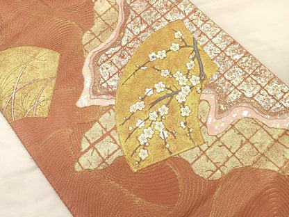 平和屋着物◎六通太鼓柄袋帯 地紙流水枝梅文 金銀彩 正絹 逸品 CAAL2433ua