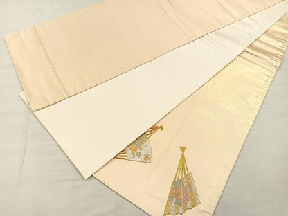 平和屋着物◎太鼓柄袋帯 総刺繍 駒刺繍 扇面草花文 金糸 正絹 逸品 CAAL2439ua