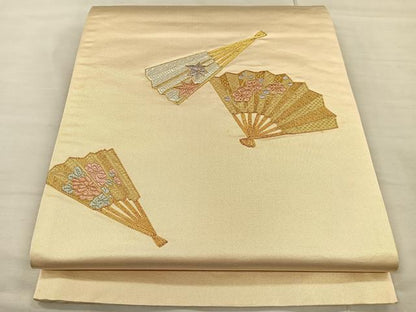 平和屋着物◎太鼓柄袋帯 総刺繍 駒刺繍 扇面草花文 金糸 正絹 逸品 CAAL2439ua