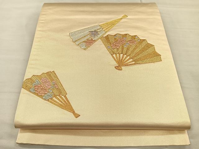 平和屋着物◎太鼓柄袋帯 総刺繍 駒刺繍 扇面草花文 金糸 正絹 逸品 CAAL2439ua