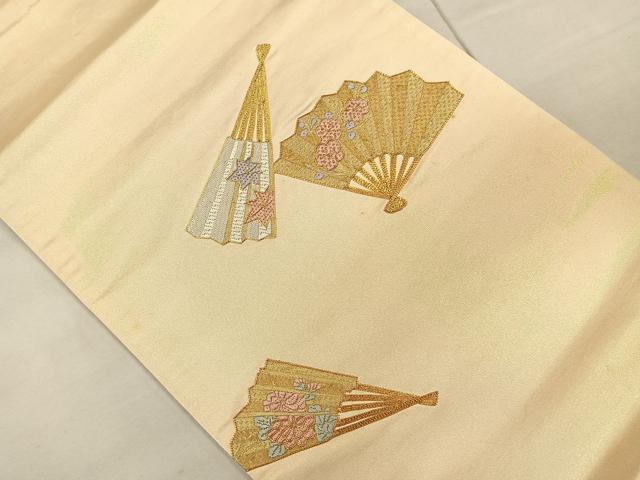 平和屋着物◎太鼓柄袋帯 総刺繍 駒刺繍 扇面草花文 金糸 正絹 逸品 CAAL2439ua