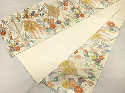 平和屋着物◎六通柄袋帯　扇面草花文　金糸　正絹　逸品　CAAL2455ua
