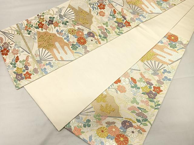 平和屋着物◎六通柄袋帯　扇面草花文　金糸　正絹　逸品　CAAL2455ua