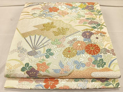 平和屋着物◎六通柄袋帯　扇面草花文　金糸　正絹　逸品　CAAL2455ua