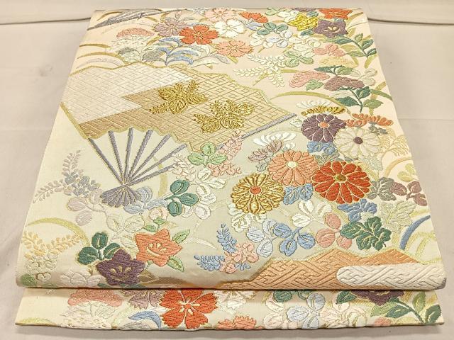 平和屋着物◎六通柄袋帯　扇面草花文　金糸　正絹　逸品　CAAL2455ua