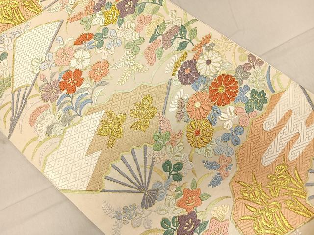 平和屋着物◎六通柄袋帯　扇面草花文　金糸　正絹　逸品　CAAL2455ua