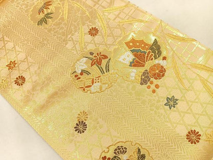 平和屋着物◎六通柄袋帯 雪輪花蝶文 金銀糸 正絹 逸品 CAAL2483ua