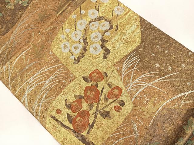 平和屋着物◎六通柄袋帯 織弓司 枝花文 金銀彩 引箔 正絹 逸品 CAAL2493ua