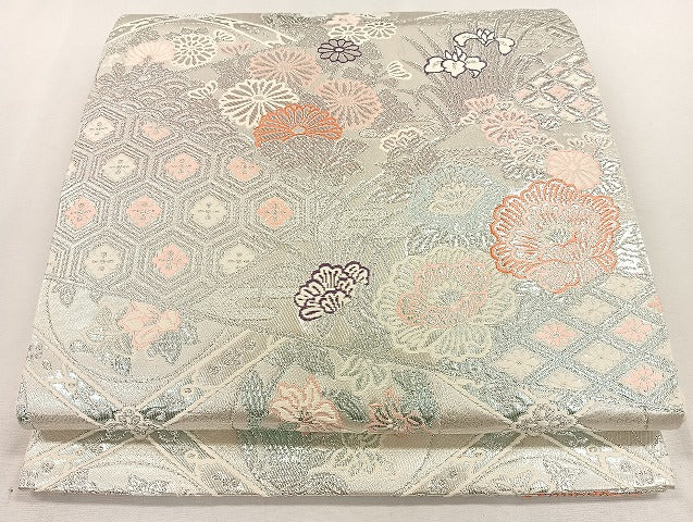 平和屋着物◎六通柄袋帯 天井花丸文 銀糸 正絹 逸品 CAAL2520ua