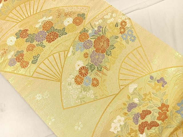 平和屋着物◎六通柄袋帯 扇面草花文 金糸 正絹 逸品 CAAL2544ua