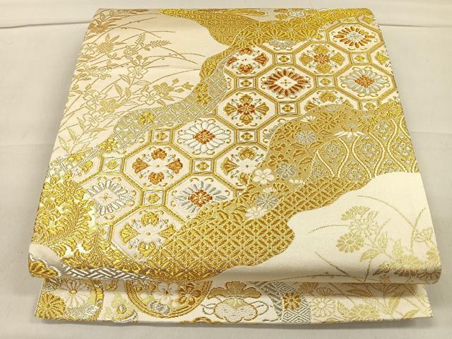 袋帯　霞取り　松葉　萩の花　楓　金糸　銀糸　着物　052a p 平和屋着物◎全通柄袋帯 美保姿苑 道長蜀江花文 金