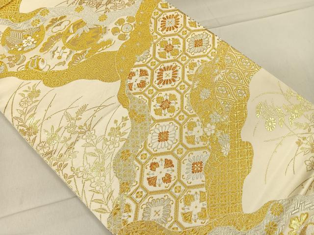 美品 正絹 着物“品よく華を解く唐花や花菱、七宝や蜀江文！”袋帯 B-56