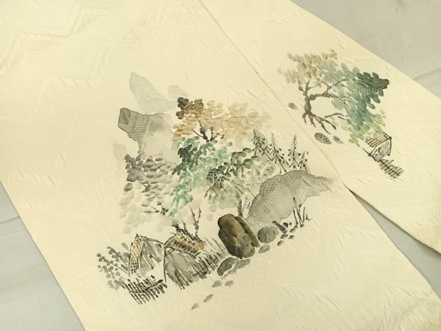 名古屋帯 作家物 墨書き 九寸 正絹 AO-2983 九寸名古屋帯 正絹 ひげ紬 網織紬 手書き 作家物 オフホワイト