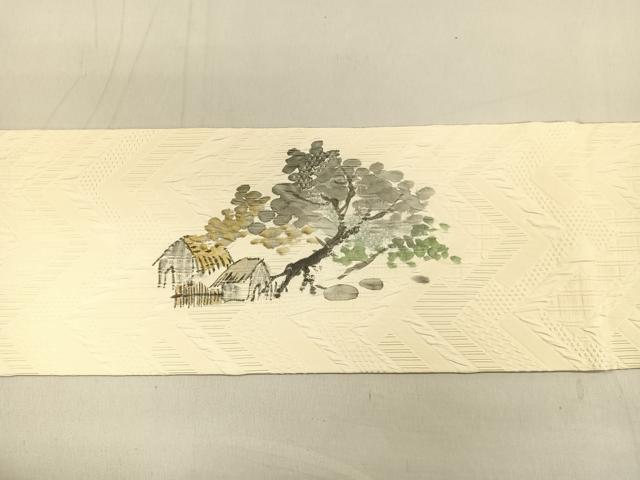 平和屋着物◎九寸名古屋帯 作家物 手描き 風景文 正絹 逸品