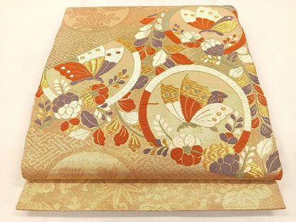 平和屋着物◎六通柄袋帯 空売り 花蝶丸文 金糸 正絹 逸品 CAAL2651ua