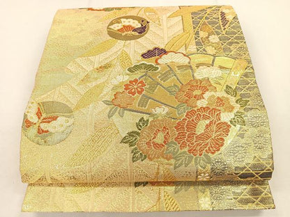 平和屋着物◎佐賀錦　六通柄袋帯　花蝶文　金糸　正絹　逸品　CAAL2659ua