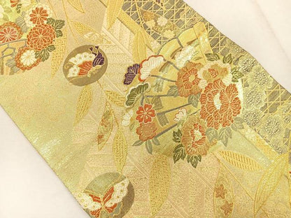 平和屋着物◎佐賀錦　六通柄袋帯　花蝶文　金糸　正絹　逸品　CAAL2659ua