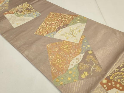 平和屋着物■六通柄袋帯　色紙花鳥文　金糸　正絹　逸品　CAAL3048in