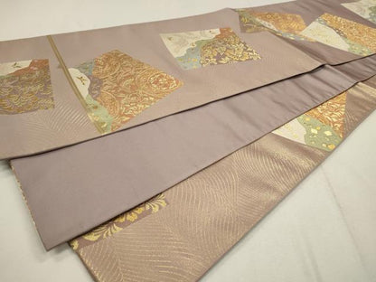 平和屋着物■六通柄袋帯　色紙花鳥文　金糸　正絹　逸品　CAAL3048in