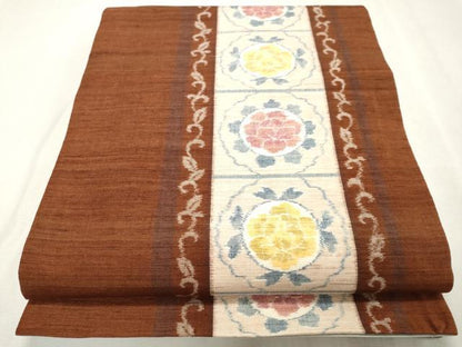 平和屋着物■全通柄袋帯　紬地　草花間道　正絹　逸品　CAAL3980ch