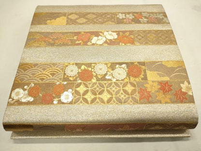 平和屋着物■太鼓柄袋帯 駒刺繍 横段草花文 金銀彩 正絹 逸品 CAAL4826th