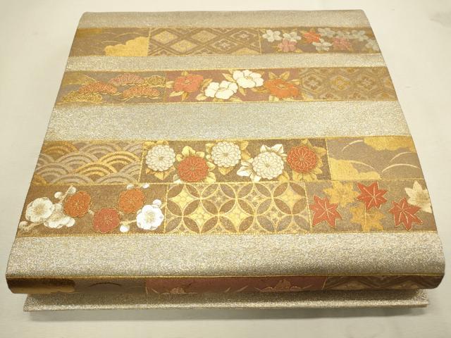 平和屋着物■太鼓柄袋帯 駒刺繍 横段草花文 金銀彩 正絹 逸品 CAAL4826th