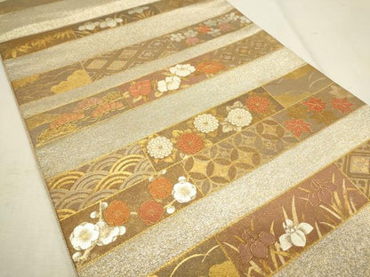平和屋着物■太鼓柄袋帯 駒刺繍 横段草花文 金銀彩 正絹 逸品 CAAL4826th