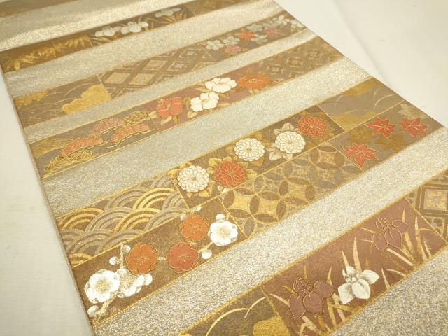 平和屋着物■太鼓柄袋帯 駒刺繍 横段草花文 金銀彩 正絹 逸品 CAAL4826th
