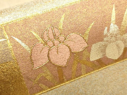 平和屋着物■太鼓柄袋帯 駒刺繍 横段草花文 金銀彩 正絹 逸品 CAAL4826th