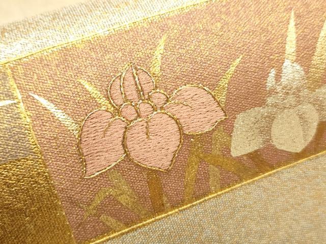 平和屋着物■太鼓柄袋帯 駒刺繍 横段草花文 金銀彩 正絹 逸品 CAAL4826th
