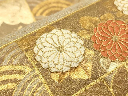 平和屋着物■太鼓柄袋帯 駒刺繍 横段草花文 金銀彩 正絹 逸品 CAAL4826th