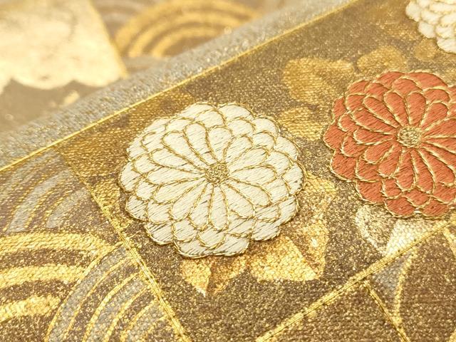平和屋着物■太鼓柄袋帯 駒刺繍 横段草花文 金銀彩 正絹 逸品 CAAL4826th