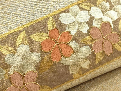 平和屋着物■太鼓柄袋帯 駒刺繍 横段草花文 金銀彩 正絹 逸品 CAAL4826th