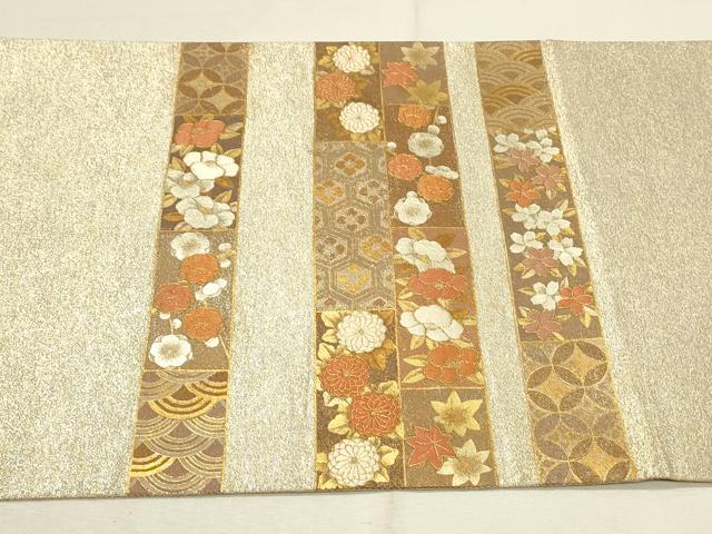 平和屋着物■太鼓柄袋帯 駒刺繍 横段草花文 金銀彩 正絹 逸品 CAAL4826th