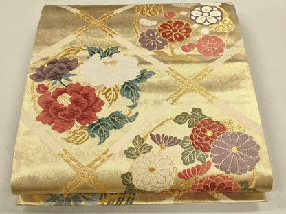 平和屋着物●六通柄袋帯 唐織 天井草花文 金糸 正絹 逸品 CAAL4951th