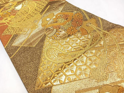 平和屋着物◎六通柄袋帯 吉祥花文 金糸 正絹 逸品 CAAL5608kb