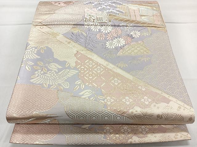 平和屋着物◎六通柄袋帯　落中扇面絵図　金糸　正絹　逸品　CAAL5619kb