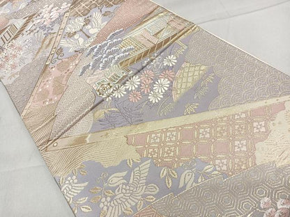 平和屋着物◎六通柄袋帯　落中扇面絵図　金糸　正絹　逸品　CAAL5619kb
